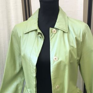 Leather coat By B T Limited (Med) light Pearl green button down with belt